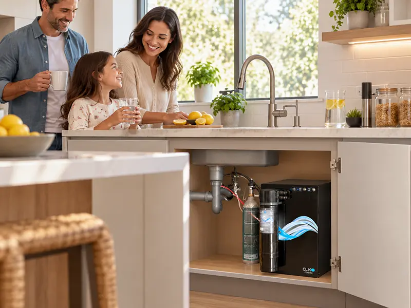 Famiglia in una cucina moderna con sportello sottolavello aperto che mostra l'erogatore d'acqua CLIK Soda installato nel mobile.
